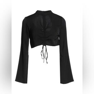 TOPSHOP Ruched Front Tie Long Split Sleeve Back Cut Out Crop Top Black US4.